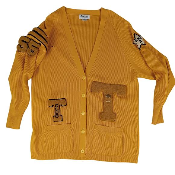 Vtg Cheerleader Cardigan Womens Large Yellow 70s High School Preppy Retro Boho - Picture 1 of 14